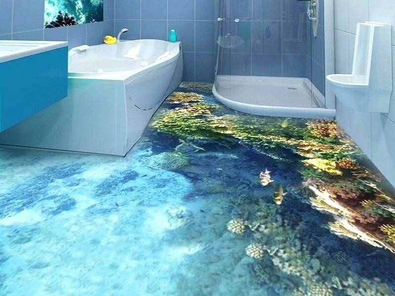 Наливной пол в ванной комнате по деревянному и бетонному основанию, фото-примеры